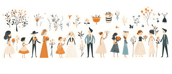 Playful and romantic wedding couple illustrations concept and wedding accessories in hand-drawn.