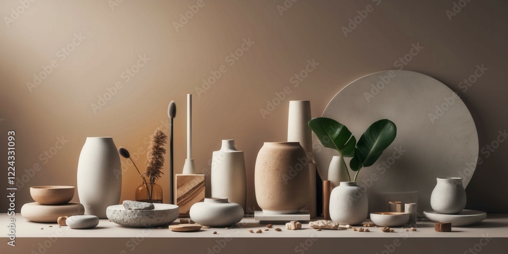 Poster a collection of vases and bowls are arranged on a shelf, with some of them having leaves in them. sc