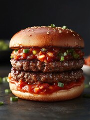 Double patty burger with red sauce and green onion on a dark surface close up view