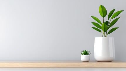 Minimalist Home Decor with Green Potted Plants on Wooden Shelf