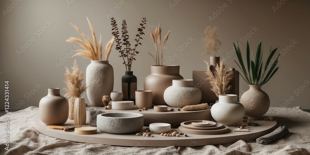 Poster a collection of vases and bowls are arranged on a shelf, with some of them having leaves in them. sc