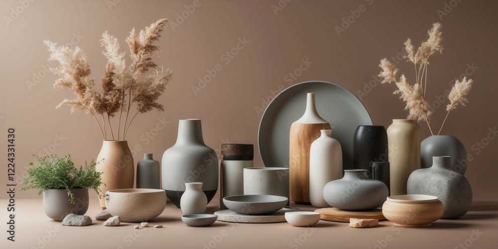 Poster a collection of vases and bowls are arranged on a shelf, with some of them having leaves in them. sc