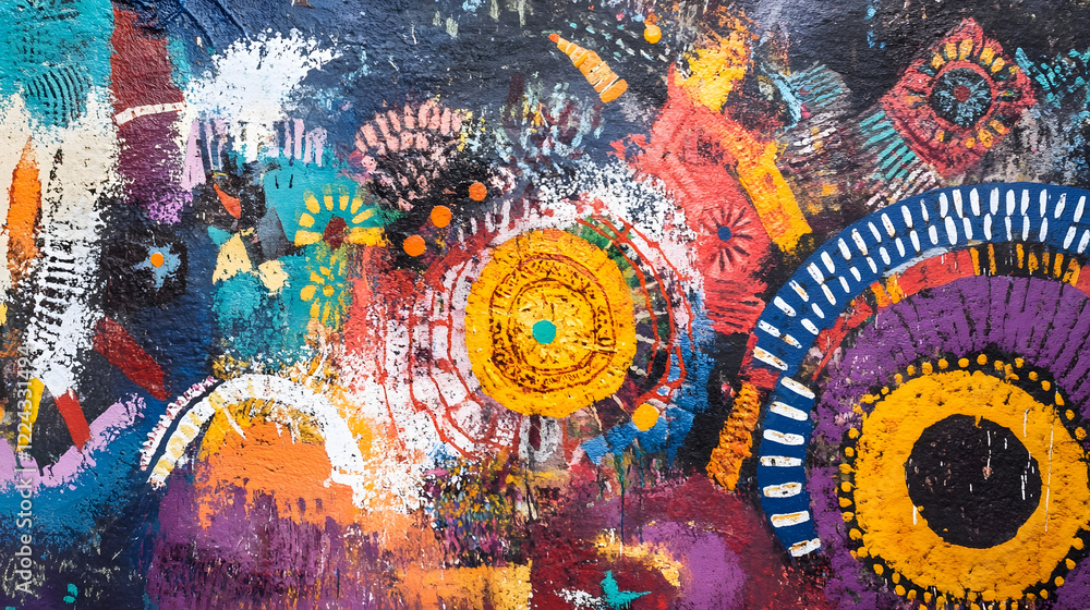 Poster vibrant abstract street art mural with bright colors and intricate patterns : generative ai
