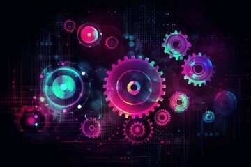 Obraz premium Neon pink and blue gears and abstract shapes on a dark background. AI generative. .