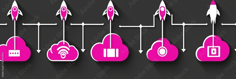 Poster pink cloud computing rockets startup technology abstract design grey data wifi flat icon style media
