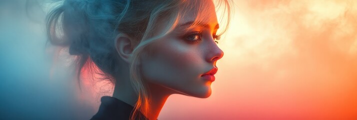 Portrait of Happy Elderly Woman Smiling Upwards in Neon Lighting Against Minimalistic Background