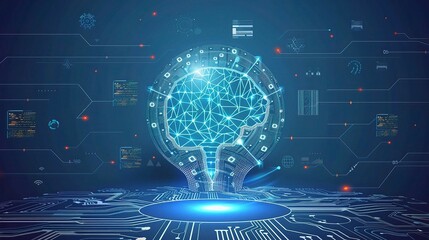 A futuristic background filled with vector elements representing future technology circle, artificial intelligence, and big data.