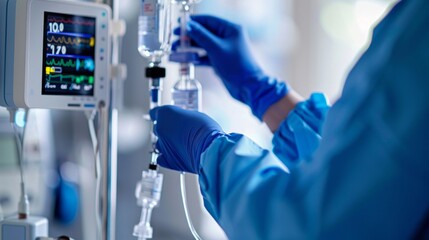 Close-up of a doctor's gloved hands adjusting an IV drip in a sterile hospital room. AI generative. .