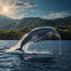 Obraz premium A dolphin trailing a stream of glowing sparkles as it leaps into the air.