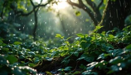 Sunlight filtering through lush greenery in a rainy forest setting