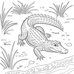 hand drawn illustration of a crocodile coloring page 