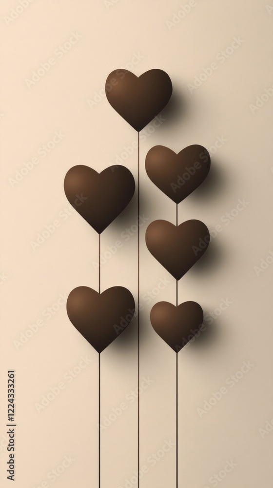 Poster five elegant brown hearts float gracefully, tied to delicate strings against a muted backdrop, embod