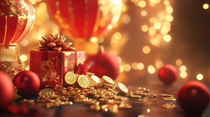 Chinese new year 2025 concept,Red snake flat lay top view, Happy Chinese new year with Red envelope and gold ingot,blessing, wealth on red background with copy space for your text.