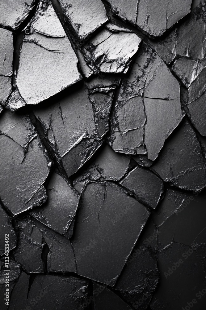 Poster dark stone texture with sharp edges and cracks creating an abstract pattern in monochrome