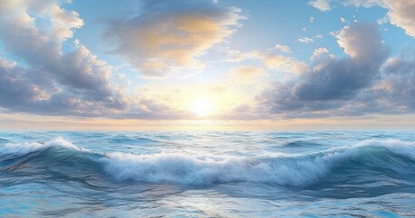 Serene Ocean Landscape in Impressionist Style with Gentle Waves Sunlit Sky Dynamic Clouds
