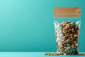 A clear resealable bag filled with assorted nuts and seeds against a teal background