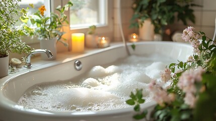 Relaxing bubble bath in a sunlit bathroom with plants and candles. Perfect for spa, wellness, or self-care content