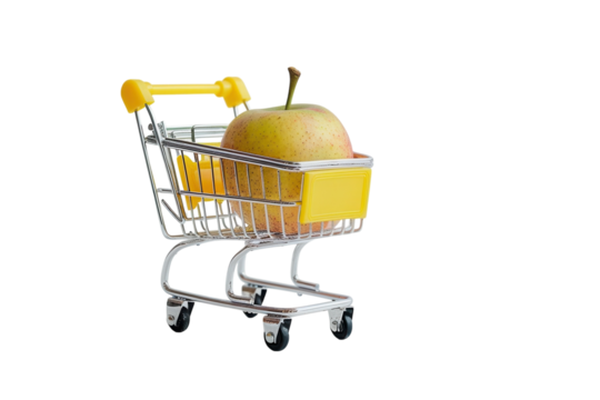 A small shopping cart holds a single green apple against a minimalist background, highlighting simplicity and freshness isolated on transparent background