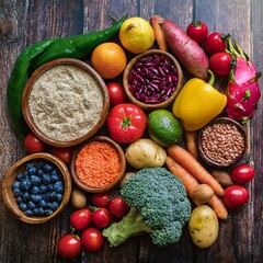 A vibrant top-down view of fresh fruits, vegetables, and legumes arranged on a rustic wooden table. The composition includes red and yellow bell peppers, cherry tomatoes, broccoli, dragon fruit, citru