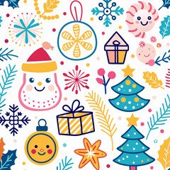 Festive Christmas seamless pattern with cute ornaments, snowflakes, and gifts.