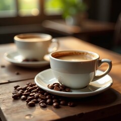 Fototapeta premium Softly glowing coffee cups on worn wooden tables, beans, wood, brown color