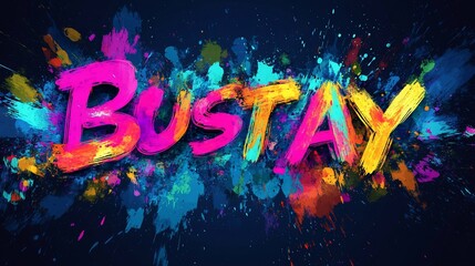 Vibrant colorful word "Bustay" in paint splash explosion.