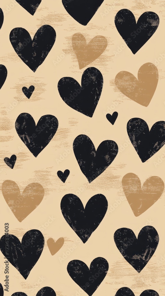 Poster A delightful arrangement of hand-drawn black hearts fills the space, creating a playful yet sophisticated atmosphere. Ideal for various artistic applications, this pattern brings warmth and style