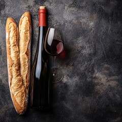 Wine bottle and glass with two baguettes on dark textured surface still life photography