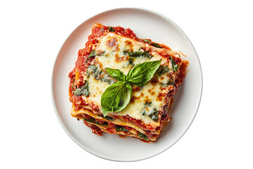Cheesy baked lasagna with fresh basil garnish in a white plate isolated on white or transparent, PNG