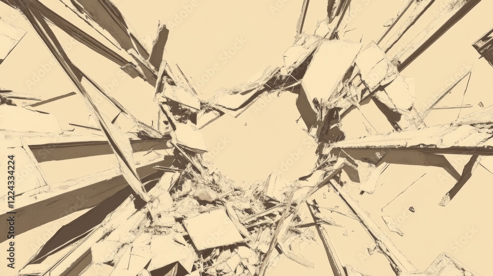Poster abstract beige fragmented geometric shapes creating a vortex effect.
