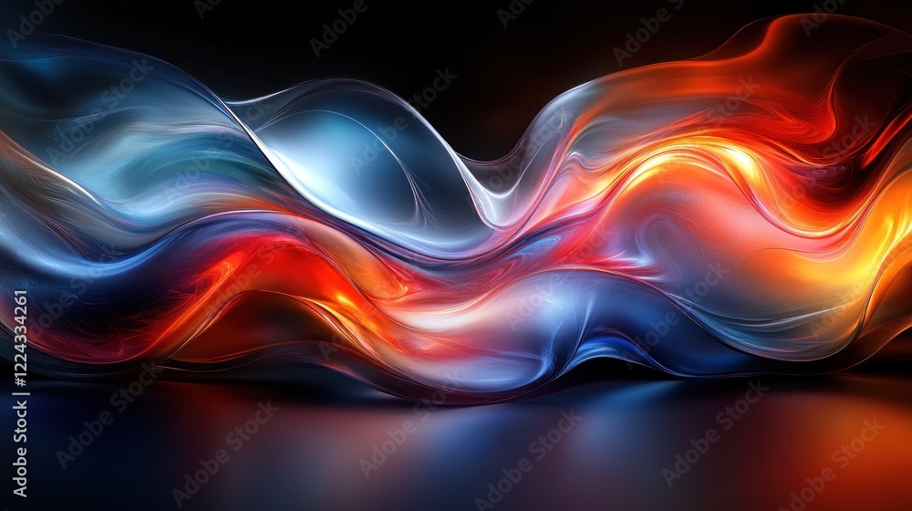 Poster dynamic abstract fluid shapes with high contrast lighting in deep blue and red