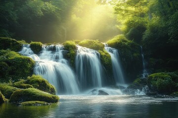 Cascading Waterfall in Lush Green Jungle Forest