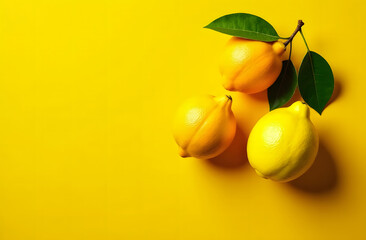 Creative background with fresh lemons and green leaves on bright yellow background. Top view flat lay copy space. Lemon fruit citrus minimal concept vitamin C. Composition with whole, slices of lemons