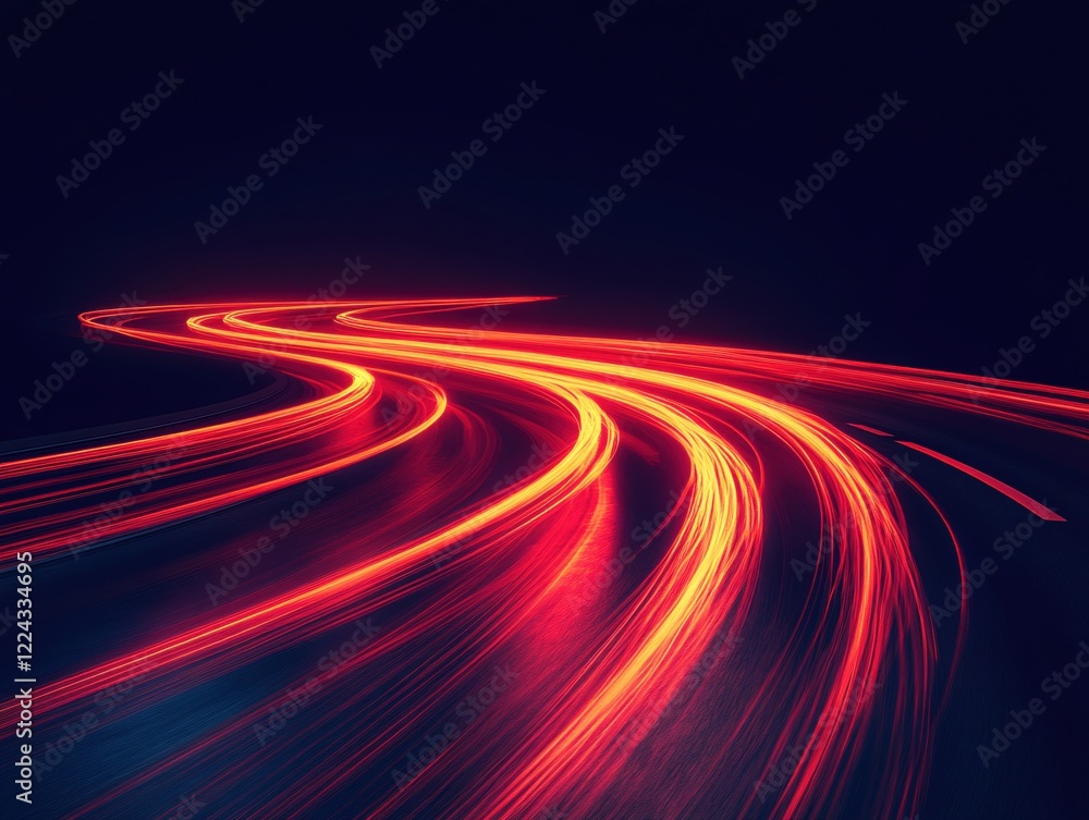 Poster red light trails on dark road surface creating a dynamic futuristic abstract background