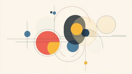 Obraz premium Abstract geometric art with circles, lines, and dots in muted colors.