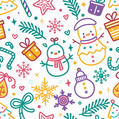 Cheerful Christmas seamless pattern with snowmen, gifts, and candy canes.