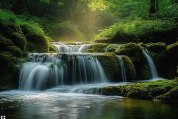 Obraz premium Cascading Waterfall in Lush Green Forest with Tropical Plants and Smooth Flowing Water