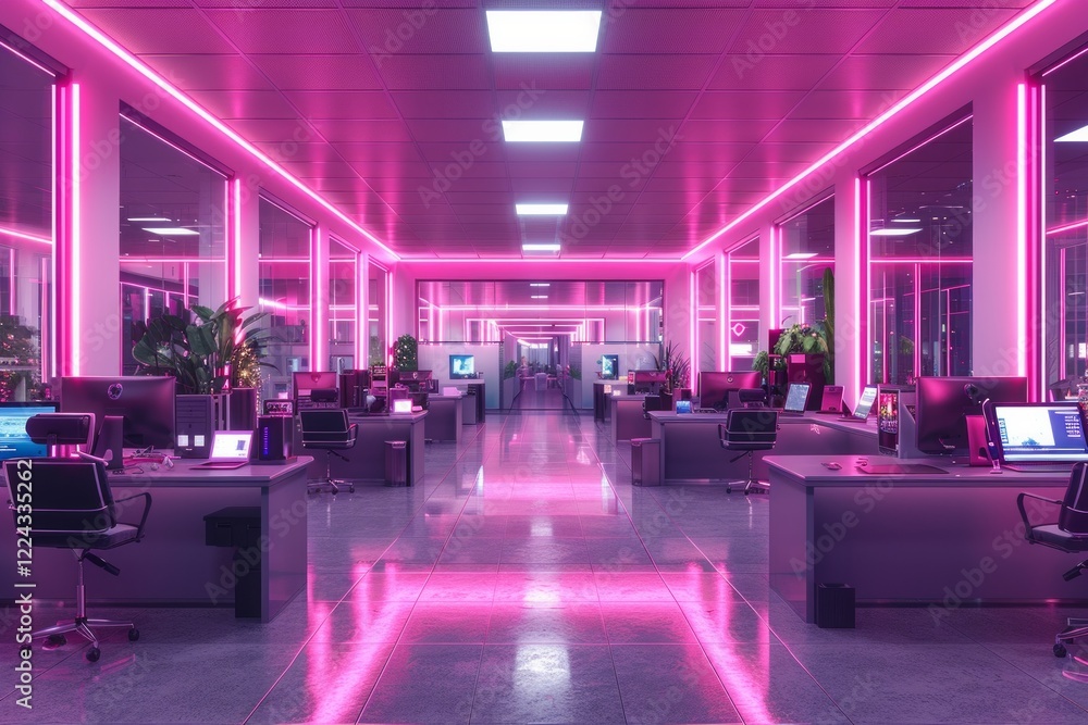Wall mural pink neon lights illuminate an empty office with computers and chairs. ai generative. .