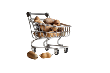 A miniature shopping cart overflowing with fresh kiwi fruits on a light background creates a playful and vibrant display in a kitchen setting isolated on transparent background