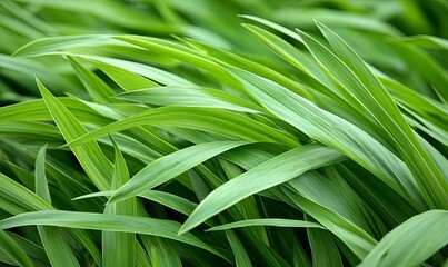 Lush green grass blades close-up, natural background, ideal for nature and spring themes