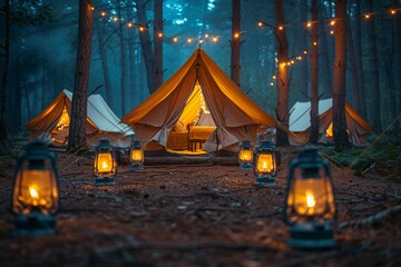 A lit lantern in the foreground, with glowing camp tents and string lights in the background, in a foggy forest. AI generative. .