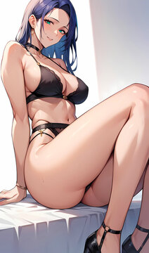 Chic anime milf with deep blue curls, an alluring gaze, and a stylish bikini, a visually appealing digital painting of confidence and beauty