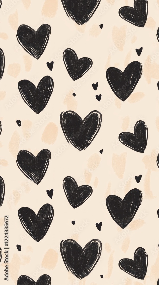 Poster sleek black hearts dance across a soft background in a whimsical arrangement, showcasing artistic fl