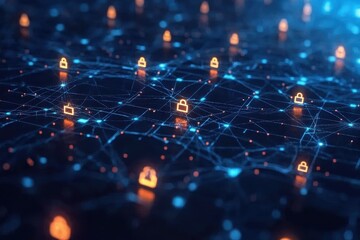 Obraz premium Abstract network with glowing padlocks. Illustrates cybersecurity, data protection, and network security concepts.