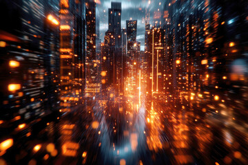 Obraz premium Futuristic city skyline illuminated by glowing lights at night.