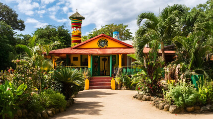 Fototapeta premium Vibrant Jamaican House with Lush Gardens and Cultural Decorations : Generative AI