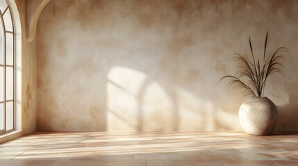 Serene Mediterranean-Inspired Interior With Subtly Textured Wall and Terracotta Flooring