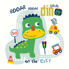 Cartoon dinosaur roaming city streets with cars, signs, and traffic lights. Urban adventure concept
