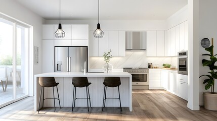 A contemporary open plan kitchen interior