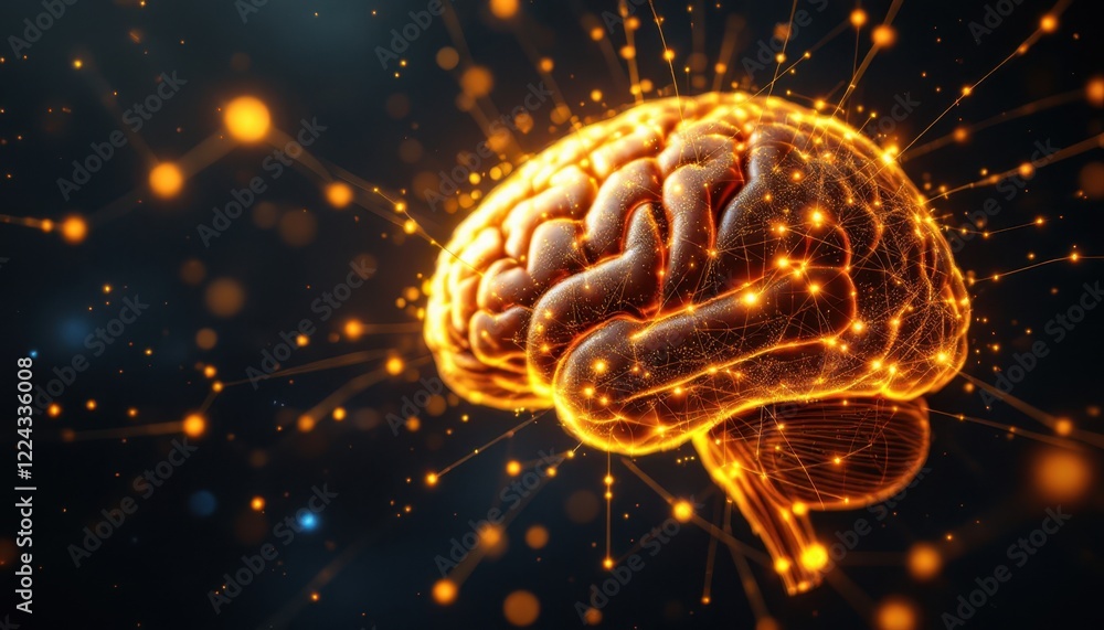 Poster glowing digital brain with network connections and neural lights